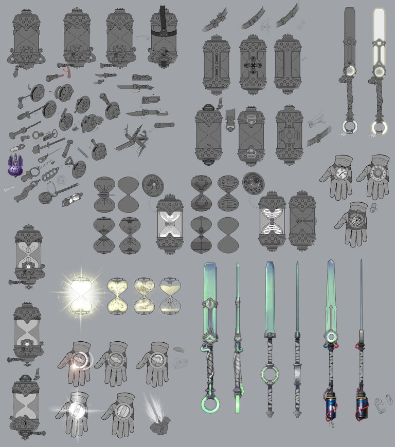 Concept art showing many iterations of Ekko's gear during development